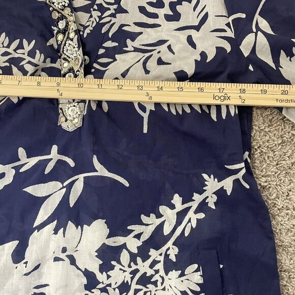 Soft Surroundings Blue White Leaf Print Beaded Tunic Blouse Pockets Size Small - Picture 6 of 9